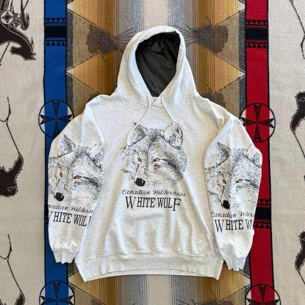 Vintage 90s Canadian Wilderness White Wolf Hoodie Size XL Nature Outdoor Animals